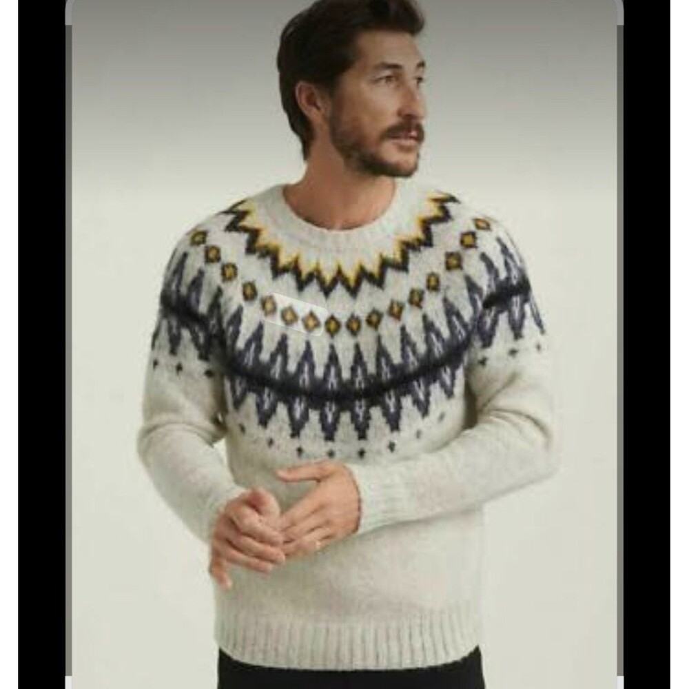 Lucky Brand Brushed Fairisle Wool Blend Sweater Men's Medium Gray Pullover EUC